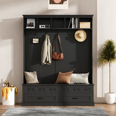 Hall Tree With Coat Rack, Lift Top Storage Bench With 2 Drawers And Open Compartments