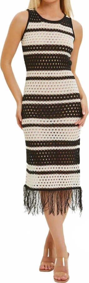 Baevely by Wellmade Cabana Chic Open Knit Midi Dress In Black/ivory