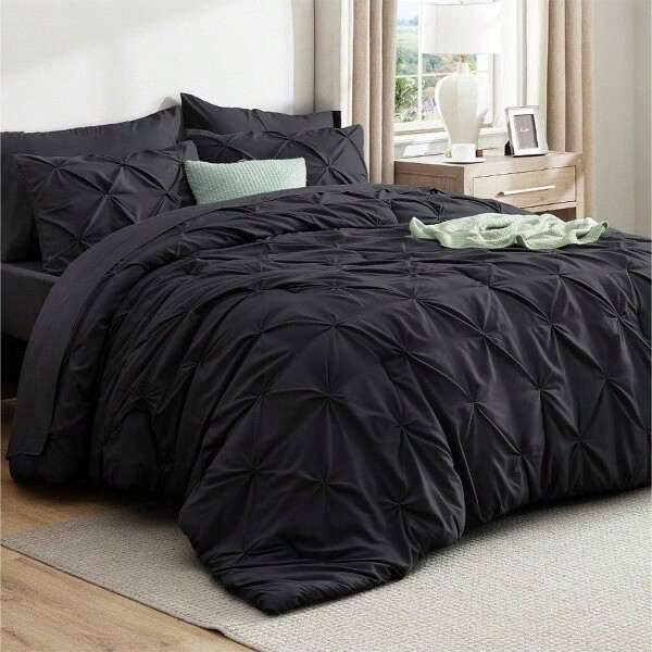AI'MAGE QueenComforterSetBlack-7-PieceBedinaBag,GentleSoftPintuck,Sheets,PillowcasesShamsBlackQueen