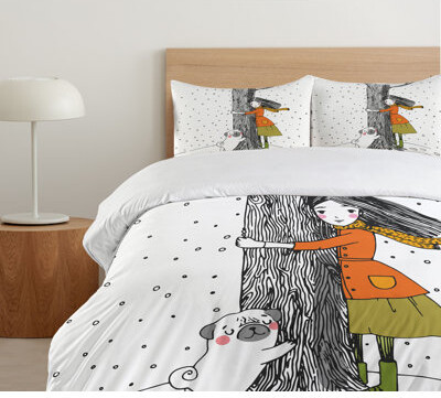 Ambesonne White and Black Duvet Cover Set Girl with Pug White and Black