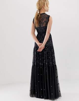 Needle & Thread embroidered lace maxi gown with high neck in graphite