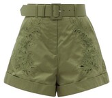 Thumbnail for your product : Self-Portrait High-rise Embroidered Cotton Shorts - Khaki