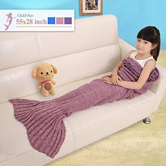 Senmar Mermaid Blanket Kids, Knitted Sleeping Bag Sofa Falbala Mermaid Tail Bed Throw Blanket, Crochet Blanket Birthday Christmas Gift for Kids(56'' 28'' ) (Dark Pink)