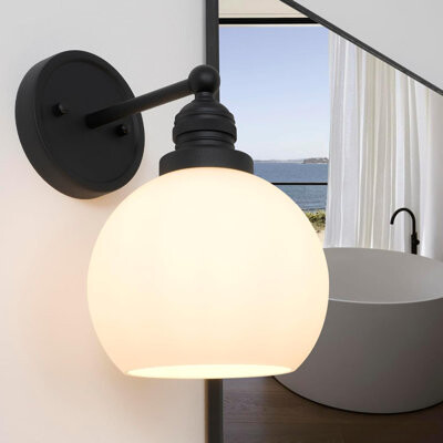 Lark Manor Modern Vintage Wall Sconce With Milk Glass Shade Black Aluminum Frame Hardwired E26 Base Bathroom Vanity Light For Living Room Bedroom Hallway St
