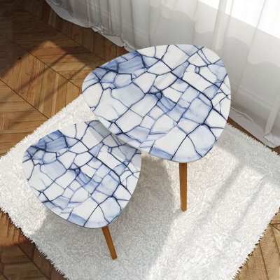 Triangle Nesting Coffee Table Set of 2 texture blue cracks porcelain End Table Modern Minimalist Side Table Set for Living Room Bedroom