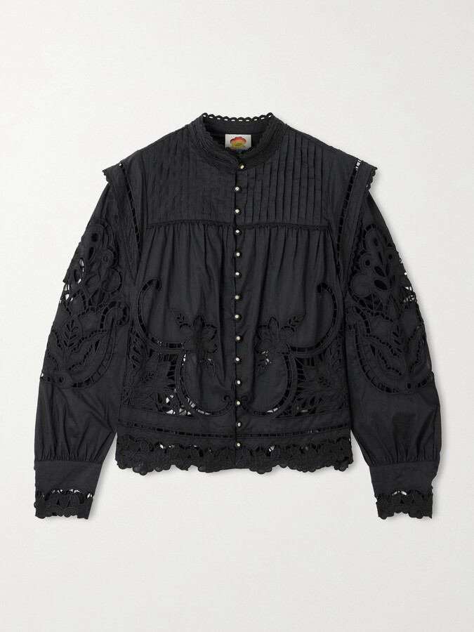 Farm Rio Richilieu Pleated Broderie Anglaise Cotton Blouse - Black