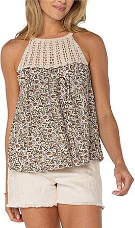 Liverpool Los Angeles Slub Jersey Knit Printed Sleeveless Crochet Halter Top