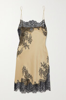 Thumbnail for your product : Carine Gilson Chantilly Lace-trimmed Silk-satin Chemise - Gold