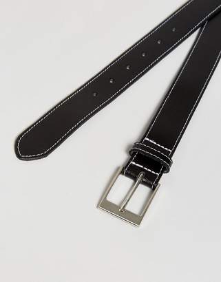 ASOS Smart Slim Belt In Black Leather With Contrast Stitching