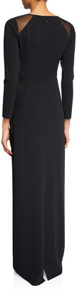 Halston V-Neck Long-Sleeve Crepe Gown with Embroidered Shoulder Insets