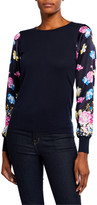 Thumbnail for your product : Neiman Marcus Floral-Sleeve Crewneck Silk-Blend Sweater