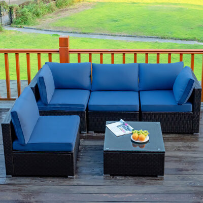 Latitude Run 5 Piece Rattan Sectional Seating Group with Cushions