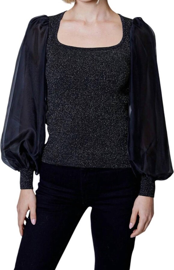 DH New York Long Sleeve Mixed Media Lurex Top In Black