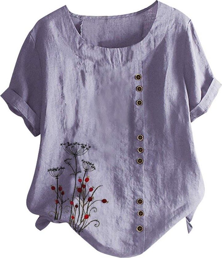 Womens Plus Size Vintage Floral T-Shirts Short Sleeve Casual Linen Tops O-Neck Loose Blouse Tunic 