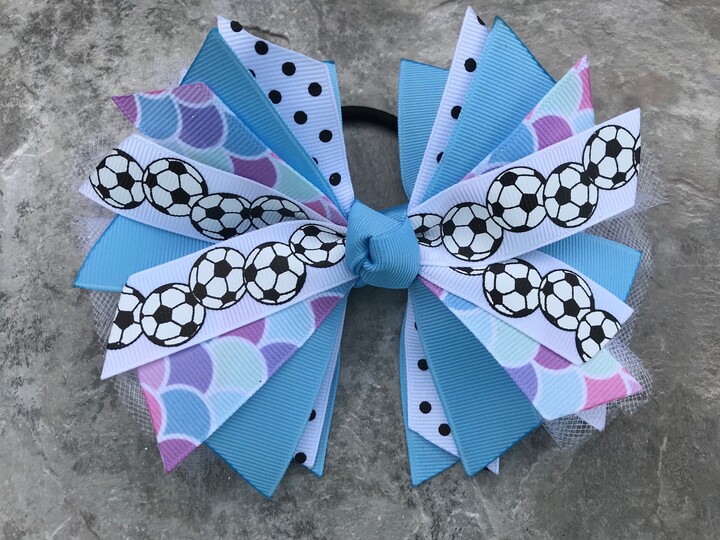 Blue Soccer Hair Bow - Pony Tie Hairbow Mermaid Bow Soccer Ribbon Hair