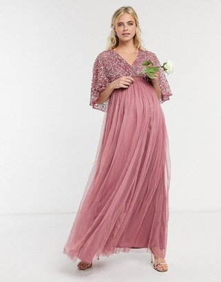 Maya Maternity bridesmaid cape detail wrap maxi dress in delicate sequin with tulle skirt in rose