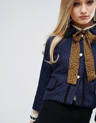 Sister Jane Cropped Jacket With Leopard Chiffon Bow