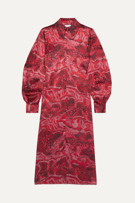 Ganni Printed Stretch-silk Satin Midi Dress - Red