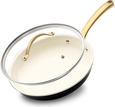 NutriChef USA NutriChef 10' Non-Stick Fry Pan with Tempered Glass Lid & Golden Titanium Handle - NCHGLDX10