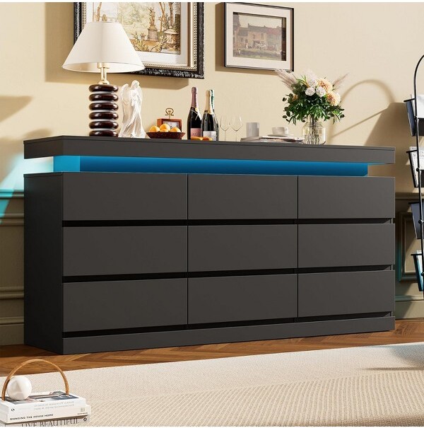 Coolmee 9DrawerDresserforBedroom63”WideChestofDrawersLargeTVStandMulti-FunctionHomeOrganizerforLivingRoomEntrywayHallwayBlack