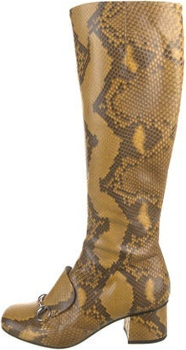 Gucci Snakeskin Knee-High Riding Boots Neutrals Animal Print Horsebit Accent Square-Toes Concealed Zip Closure at Sides