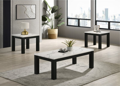 Orren Ellis White Black 3-Piece Living Room Table Set Table Top Cocktail Table And Two Matching End Tables Wooden Furniture