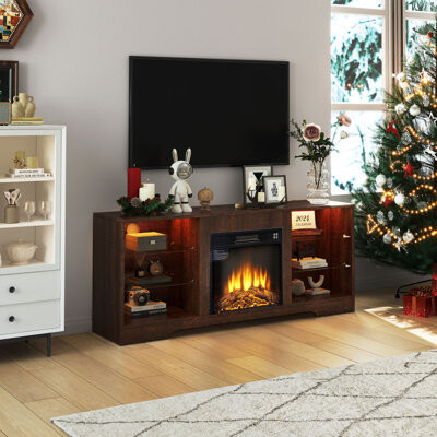 kinghose Tv Stand For Tvs Up To 62", Electric Fireplace With Glass Shelves, Led Lights, Dual Power Outlets & Usb Ports