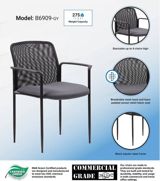 Boss Office Products BossOfficeProductsOfficeChair-Gray:MeshUpholstered,FixedArms,SteelLegs,275lbCapacity