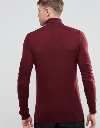 ASOS Roll Neck Sweater in Merino Wool in Burgundy