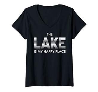 Womens Lake is My Happy Place Tahoe Powell Minnesota Pontoon Boat V-Neck T-Shirt