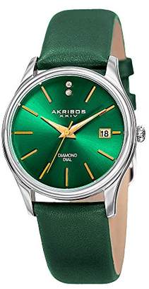Akribos XXIV Women's AK879GN Diamond Accented Silver Tone Stainless Steel Leather Strap Watch
