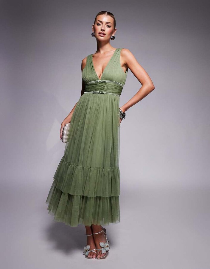 Lace & Beads bow waist tiered tulle midaxi dress in soft olive