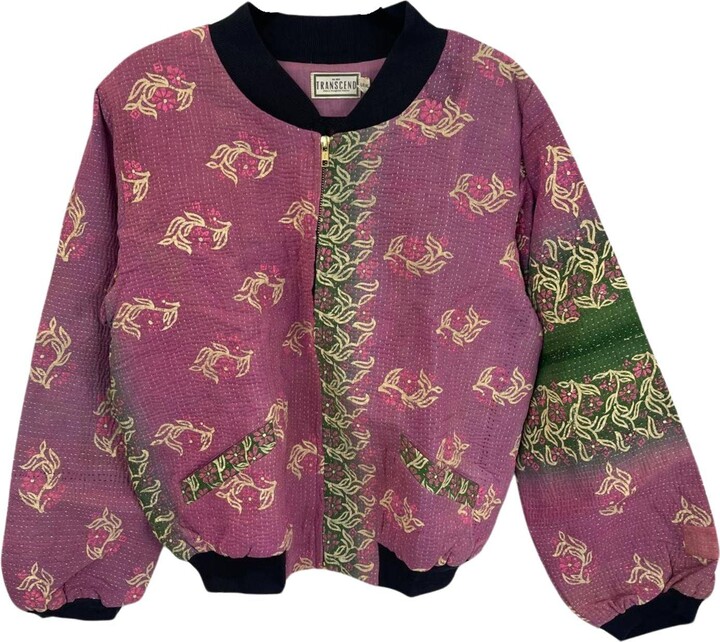 Transcend Pink Green Nadia Bomber Jacket Vintage Kantha Plum