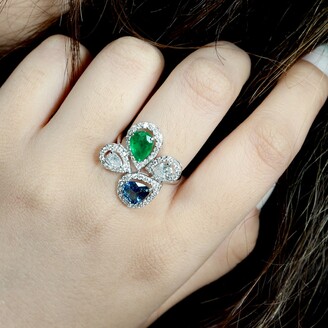 Artisan 18k Whit Gold Emerald Sapphire Cocktail Ring Gemstone Jewelry