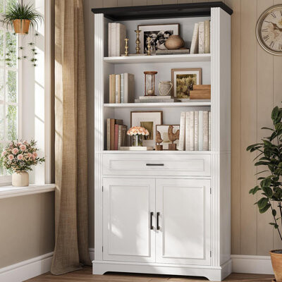 Farmhouse Bookshelves And Bookcases With Doors And Drawer, Bookshelf With Storage, Floor Standing 6 Shelf Display Storage Shelves 70 In Tall Bookshelf