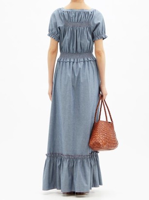 Loretta Caponi Stefania Shirred Cotton-chambray Maxi Dress - Blue