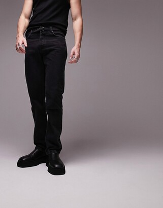 Topman straight belted jeans in washed black