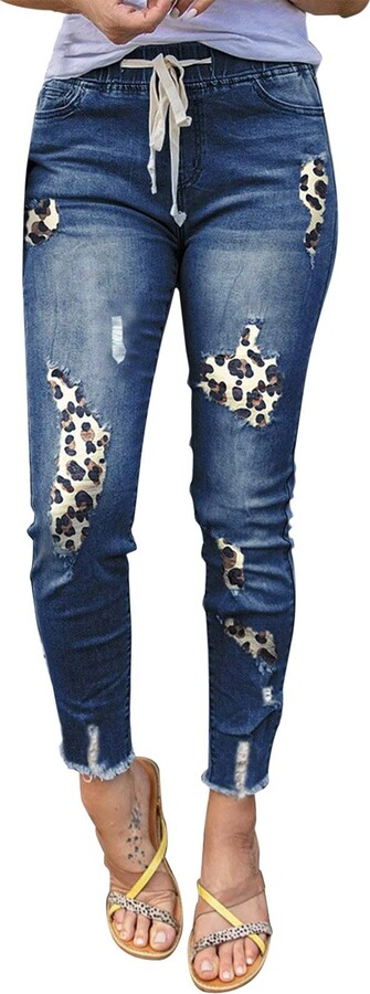 Ruiyete Women's Leopard Print Denim Pants with Elastic Waist Women's