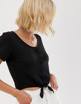 Thumbnail for your product : Brave Soul crop t shirt with tie front and button detail