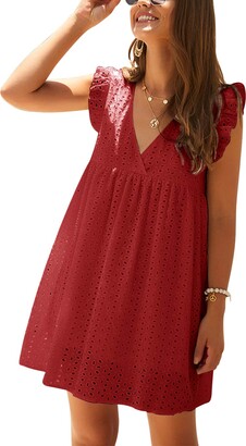 YOINS Women Sleeveless Mini Dresses V Neck Summer Dresses Loose Fit Tunic Casual Dresses Zip Beachwear Sundresses Sleeveless~Red XXL