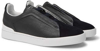 Ermenegildo Zegna Triple Stitch Full-grain Leather And Suede Slip-on Sneakers - Black