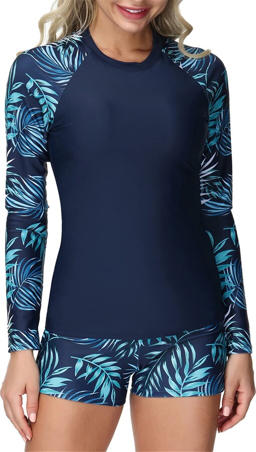 JASAMBAC Rash Guard Bathing Suit for Women Long Sleeve UV UPF 50+ Swimsuit Sets with Bra Navy