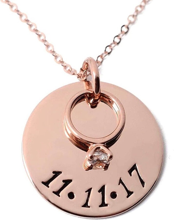 Personalized Valentine's Day Gift For Her, Gold Solitaire Ring Necklace, Wife, 14K Yellow Or Rose Anniversary