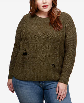 Lucky Brand Trendy Plus Size Distressed Crew-Neck Sweater
