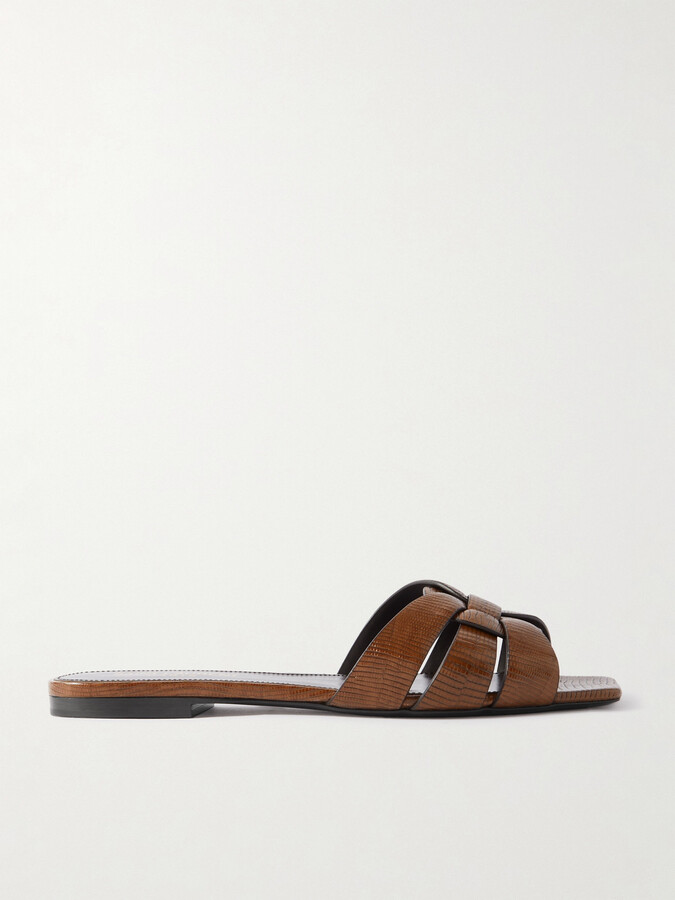 Saint Laurent Tribute Lizard-effect Leather Slides - Brown