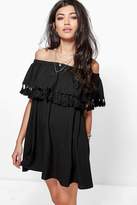 Thumbnail for your product : boohoo Tassel Trim Off The Shoulder Shift Dress