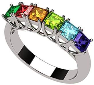 Nana Asscher Cut Lucita Style 1 to 7 Simulated Birthstones - Mother's Birthstone Ring -14k White Gold-Size 9