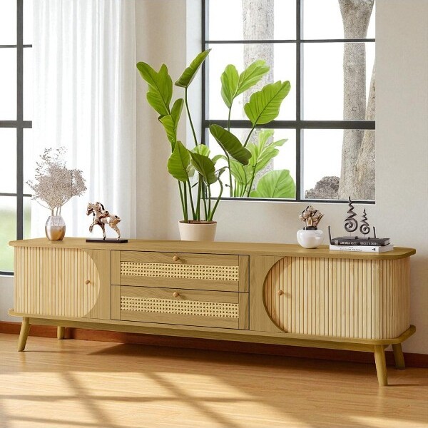 Mshliw RattanTVStandforTVsupto75''ModernFarmhouseMediaConsolewithSolidWoodLegsEntertainmentCenterforLivingRoomHomeTheatre