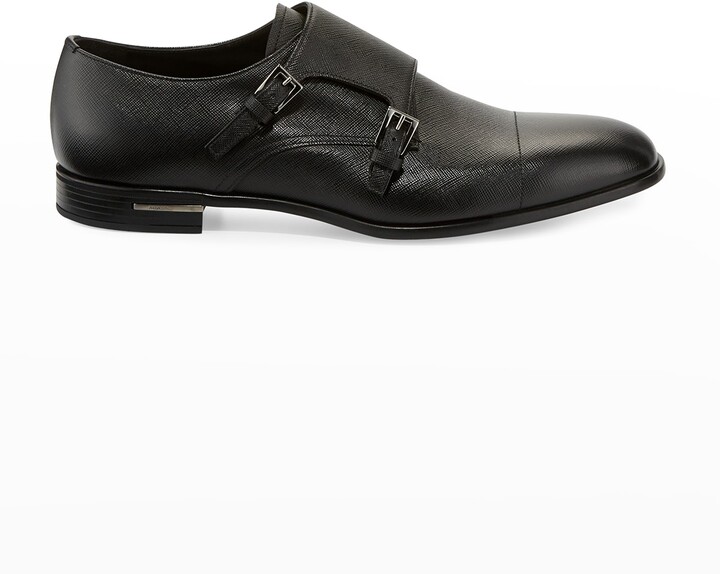 Prada Saffiano Leather Double-Monk Shoe, Black - ShopStyle