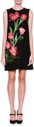 Dolce & Gabbana Sleeveless Tulip-Appliqué Shift Dress, Black/Bright Pink